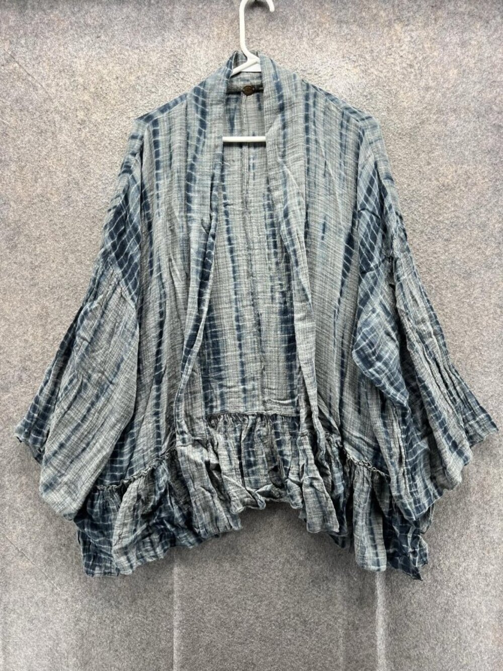 FP One Kimono Blouse Women XS Blue Striped Ruffle Hem Boho Open Front